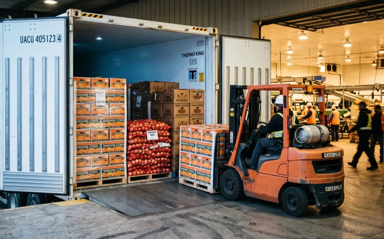 Mixed fresh produce reefer container — Egyptian citrus, vegetables and fruits loaded for export