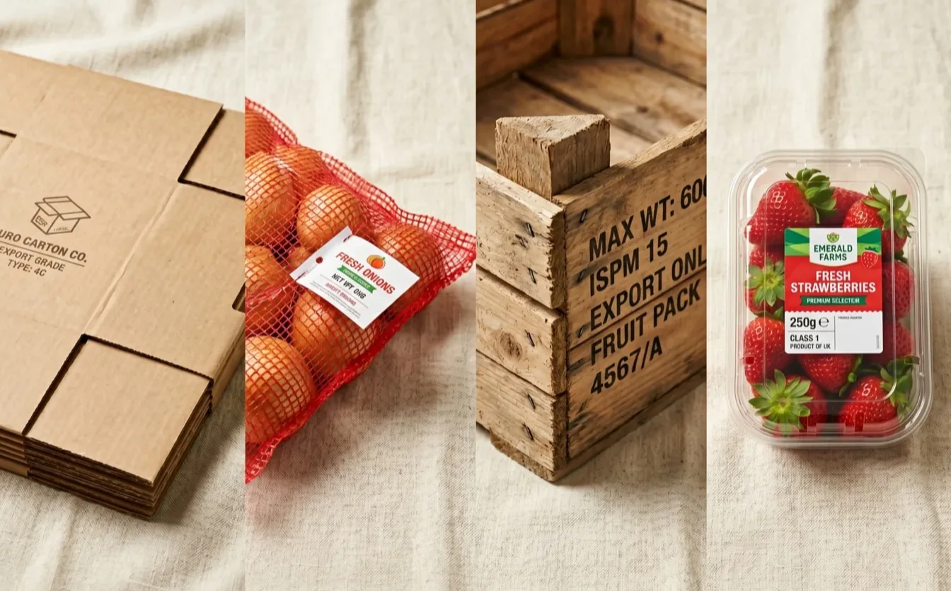 Fresh produce export packaging formats — telescopic carton, mesh bag, wooden bin, and punnet displayed