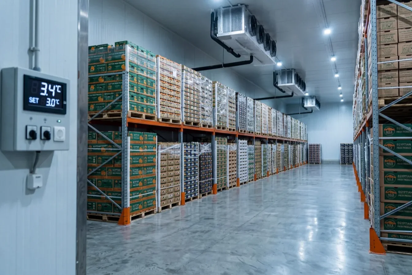 Cold-storage facility — pallets of Egyptian fresh produce stored at controlled temperature for export