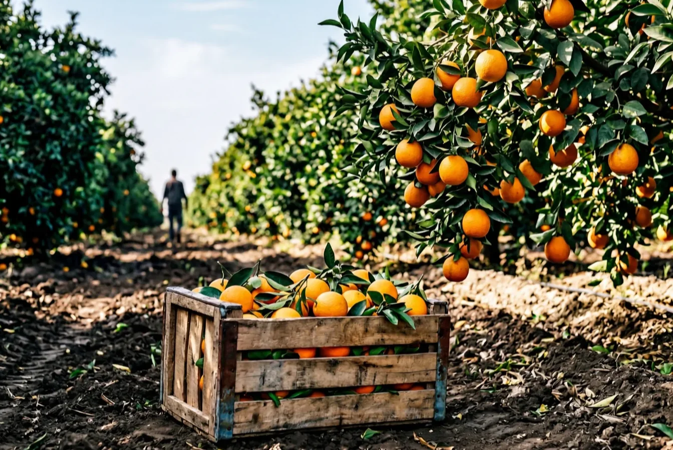 Egyptian citrus orchard at harvest — wooden crate of just-picked Navel oranges in the field