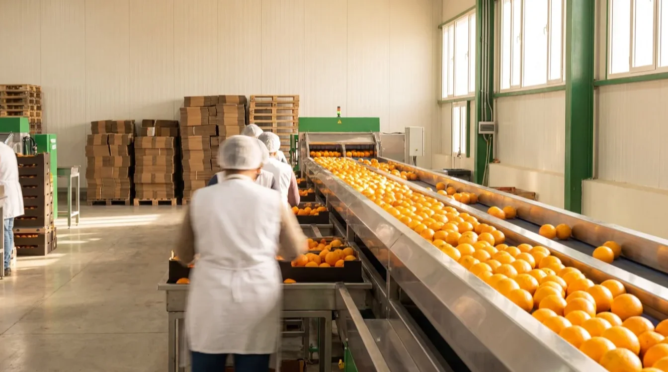 Egyptian produce packhouse — Navel oranges flowing along a stainless-steel grading conveyor